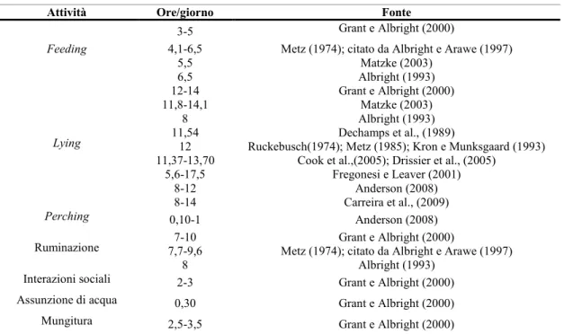 Tabella 1 - Distribuzione del Time Budget per le bovine da latte. 