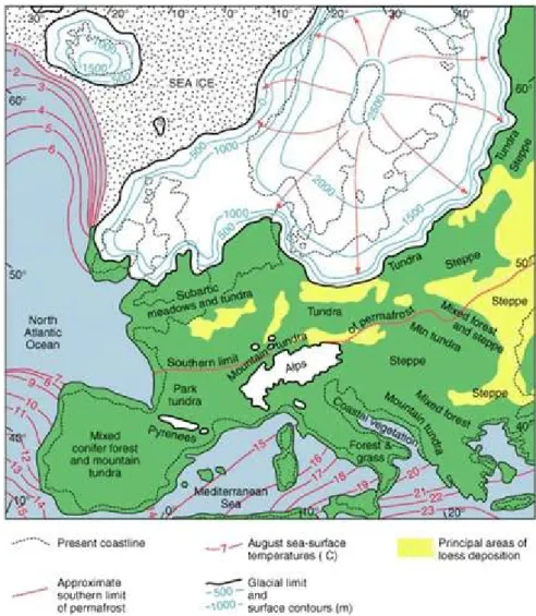 Figura 1.4. Estensione della calotta glaciale continentale che copriva l’Europa settentrionale circa  20’000 anni fa con isoterme delle temperature estive sul livello del mare in gradi Celsius