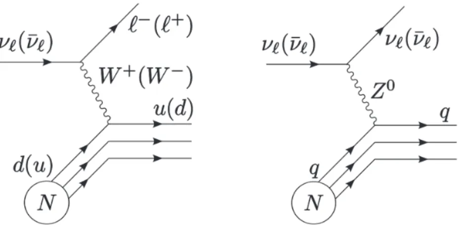 Figure 4.1: Neutrino Interactions - Left: Charged Current interaction - Right: Neutral Current Interaction