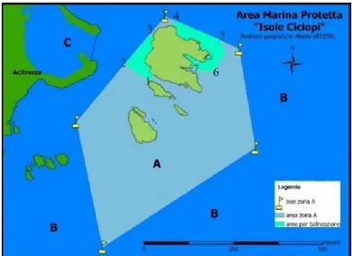 Figure 19. Zonation of MPA “IsoleCiclopi”. Bathing sites in  A zone of MPA (green fluorescent colored) (from 