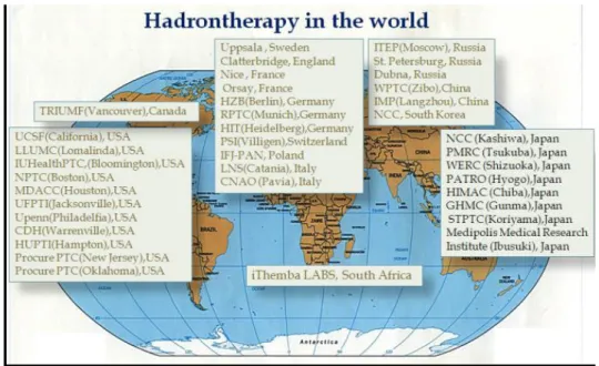 Figure 1.7.1: Locations of the operative hadrontherapy facilities all around the world [96].
