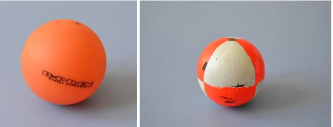 Figure 3.1: The two artificial fruits used for the drop tests: BALL 1 (left) and BALL 2 (right).