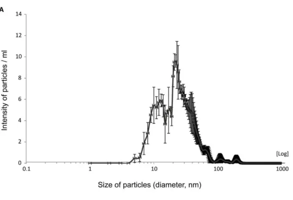 Figure 32. Characterization of exosomes. (A) Particle sizes in ultracentrifuge pellet consistent with  size range of exosomes