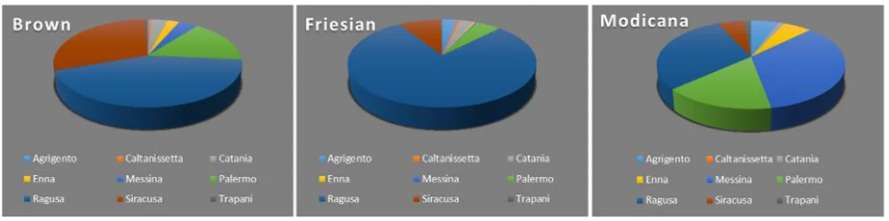 Figure 3: Distribution of the controlled dairy breeds in Sicily in 2013 (Source AIA 2013)