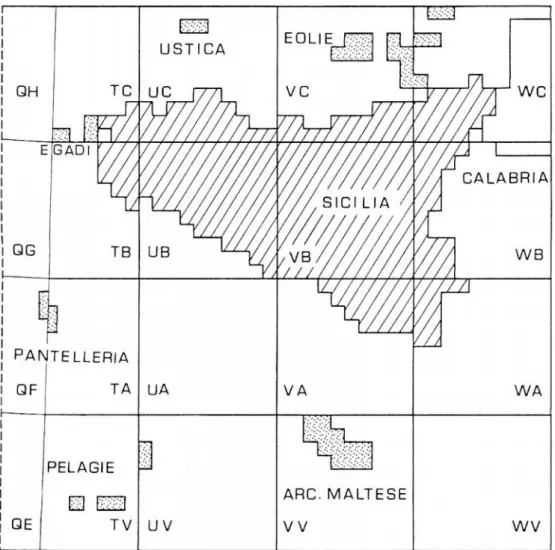 Figura 11 A - Quadro d’insieme delle aree di 100 Km 2 in cui ricadono i territori di Sicilia