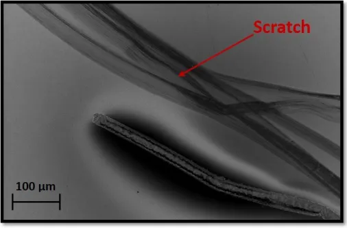 Fig. 2.7: Scratch on a PEDOT:PSS thin film made by steel tweezers. 