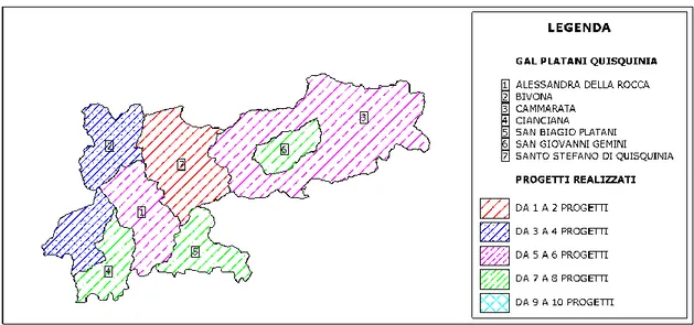 Fig. 9.4 - Rappresentazione cartografica del numero di progetti realizzati nell’ambito  dell’azione M.1.1.B.5 