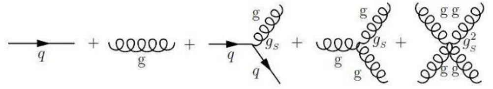 Figure 1.1: Feynman diagrams representing quark and gluon propagators and the three QCD interaction vertices.