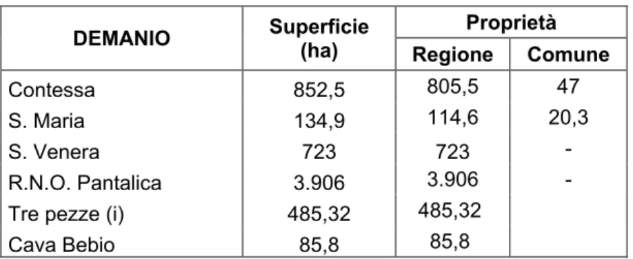 Tab. 7 – Caratteristiche delle aree demaniali 