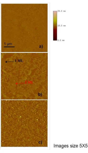 Figure 2-9 AFM microscopies carried out on samples, varying  the concentration of the DPP a) 5%, b) 10% and c) 20%  Successively a set of samples processed in the same  manner was  characterized  by  SRP  in  order  to  understand  the  possible  differenc
