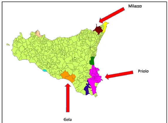Figure 5. Highly polluted areas of Sicily. Source: Assessorato Regionale Territorio e  Ambiente, Regione Sicilia, 2009