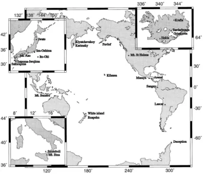 Figure 3: Location of volcanoes that present tremor occurrence (from Konstanti-