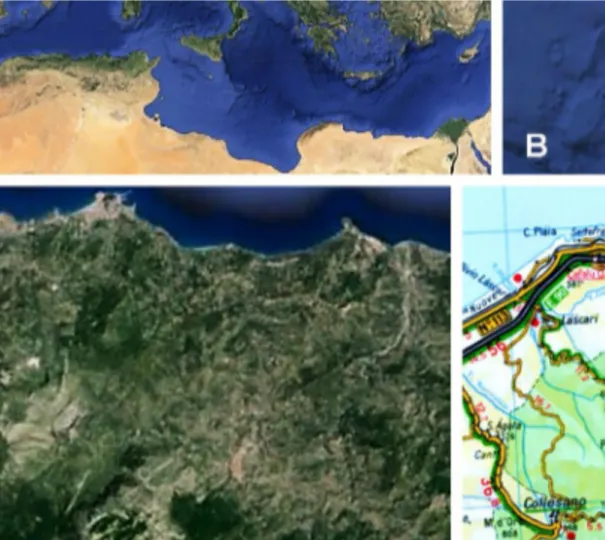 FIGURE  2  –  STUDY  AREA  2. Satellite  images  at  different  altitudes:  A   European– Mediterranean  region  (3,414.78  km);  B   Sicily,  island  of  Southern  Italy,  in  the  Mediterranean Sea (300.60 km);  C  Madonie Regional Natural Park (54.96 km