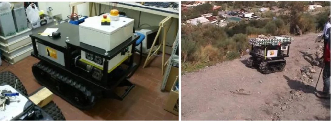 Figure 33 - The tracked U-Go Robot in the lab and during a teleoperated outdoor test. 