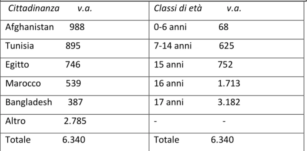 TABELLA 2.  ITALIA. Minori stranieri non accompagnati: principali  nazionalità e classi di età