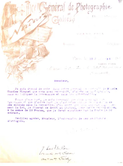 Fig. 13.  Lettre de Paul Nadar adressée  au directeur du  « Petit Marseillais »,  M.  Ch
