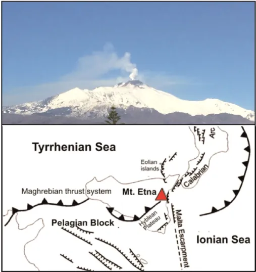 Figure 1.   View of the southeastern flank of  Mt. Etna volcano (top) and its geodynamic framework 