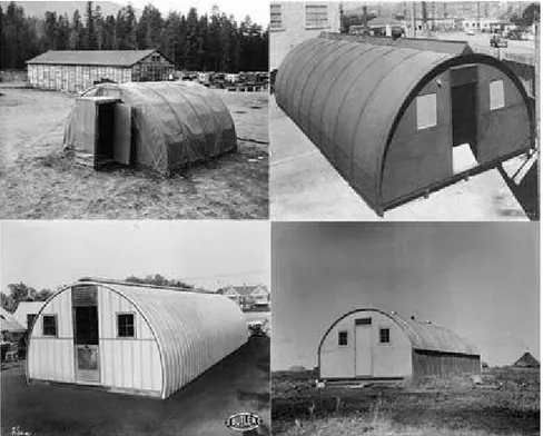 Fig.  21, “Jamesway  hut”, “Pacific hut”,   “Butler hut”, “Quonset redesign”