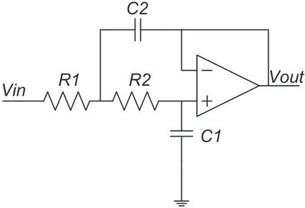 Fig. 2.5: Schematic of the Sallen–Key low–pass active filter implement- implement-ing a low–pass Bessel filter, here R 1 = R 2 = 10 kΩ, C 1 = 10nF and