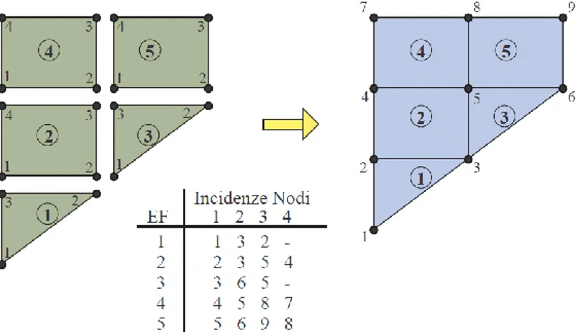Figura 4.2: Assemblaggio EE.FF. e tabella incidenze o matrice di connettività.  5) Soluzione:  risoluzione  del  sistema  finale  assemblato  delle 