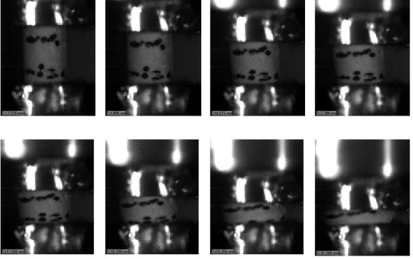 Figura H.27: sequenza di alcuni frame significativi eseguiti durante un test di compressione a  media velocità di deformazione sulla schiuma sintattica oggetto di interesse 