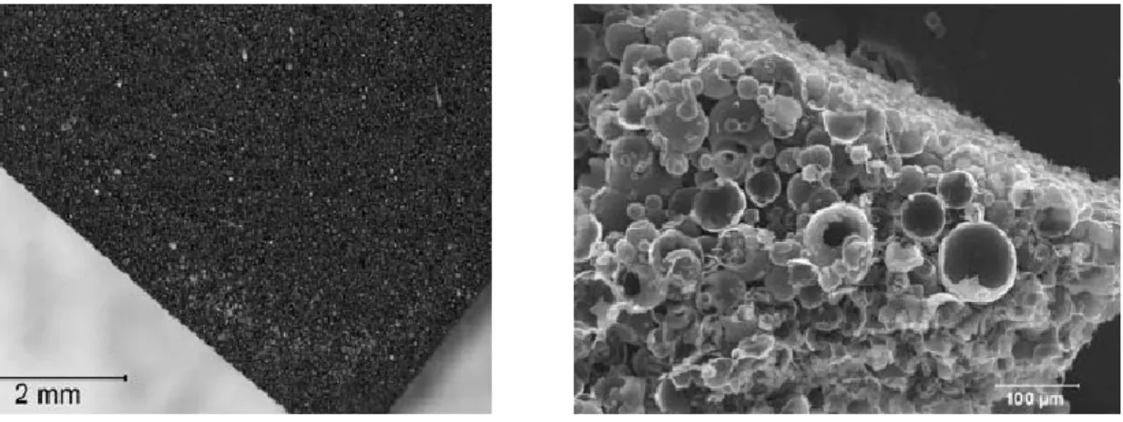 Figure H.4 ad H.5, fotografie ESEM di una schiuma sintattica costituita da microsfere in carbonio  disperse in una matrice in resina (Ashby Meyers “Mechanical Behaviour of Materials”)