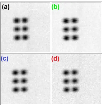 Figure 49: Cu-K maps of a copper target performed in step mode (a) and continuous mode  at different scanning speed: 10 µm/sec (b), 20 µm/sec (c) and 40 µm/sec (d)