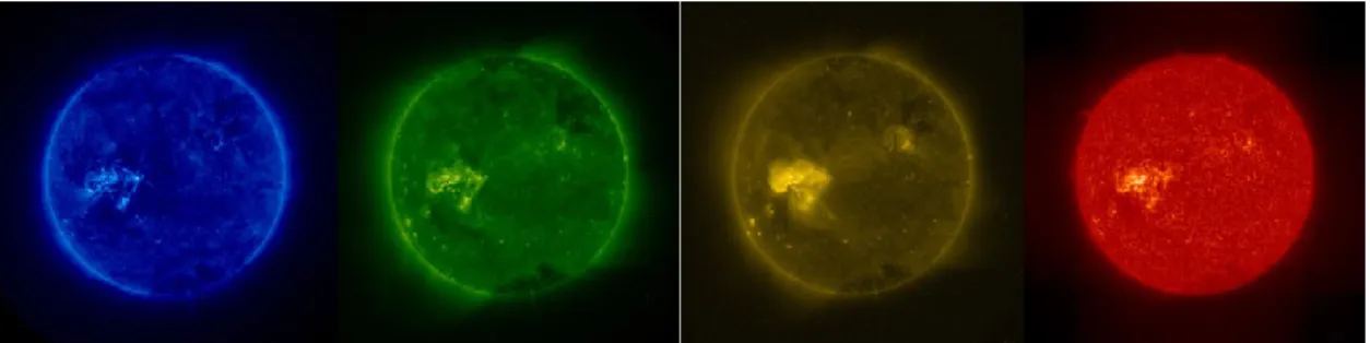 Figure 21. Views of the Sun from STEREO/EUVI in the four wavelengths (17.1, 19.5, 28.4, 30.4 nm, 