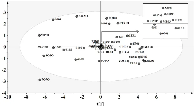 Fig. 20   t[1]-t[2] scores plot in the overall toxicity model for imidazolium chloride-based ILs