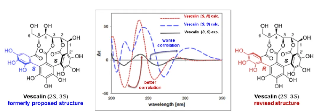 Figure 7: Experimental and calculated ECD spectra of vescalin (54); adapted from Org.  Lett