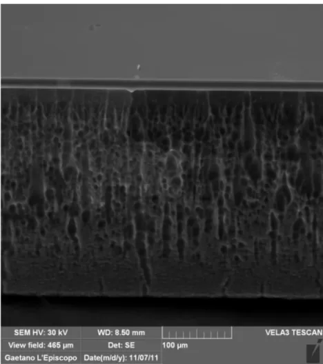 Fig. 2.2 – SEM image of the SOI substrate used in the BESOI process. Rough- Rough-ness in the etched sidewalls of the silicon substrate is due to the RIE.