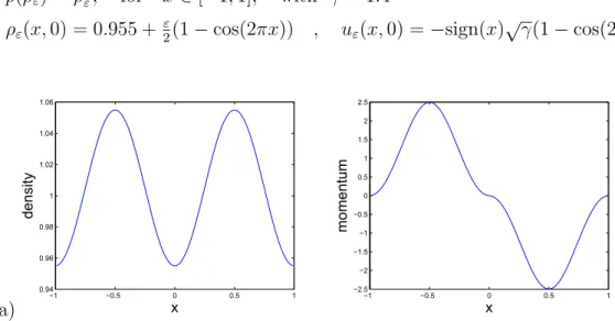 Figure 3.3: a) The initial density (left) and momentum (right) when ε = 0.1