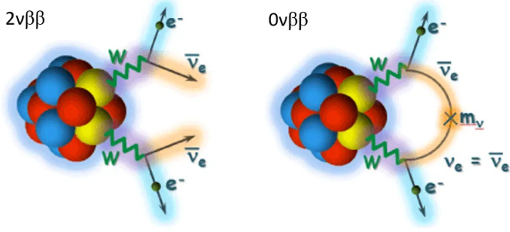 Figure 1.1: 2νββ and 0νββ on the left and on the right respectively. Taken from wwwkm.phys.sci.osaka-u.ac.jp.