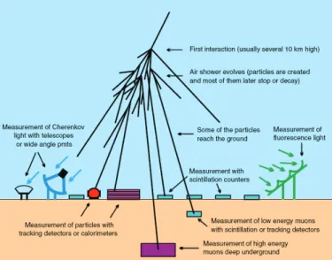 Figure 1.8: Sketch of the current detection techniques employed for EAS measurements.