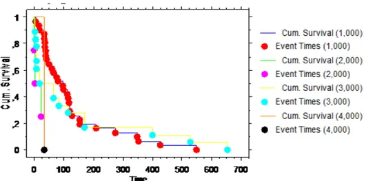 Figure 8 Survival curve using Kaplan-Meier estimates based on type of stent. 1=SEMS;2=straight Dumon; 3=Oky;4=Y- 3=Oky;4=Y-shape Dumon; 