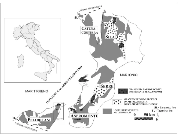 Fig. 1.2 Schema geologico dell’Orogene Calabro-Peloritano e distribuzione dei corpi granitoidi tardo-
