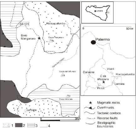 Fig. 2.11: Geological map of the Roccapalumba-Lercara-Margana area (Catalano and Montanari, 1979; 