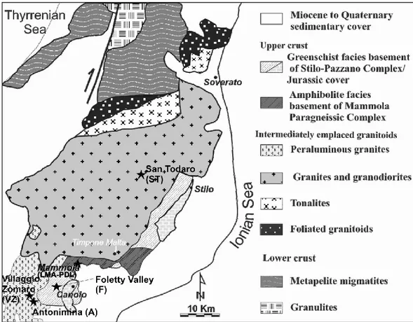 Fig. 2.3: Geological sketch map of the Serre Massif (Graessner et al., 2000, modified) with location of  studied outcrops (black stars)