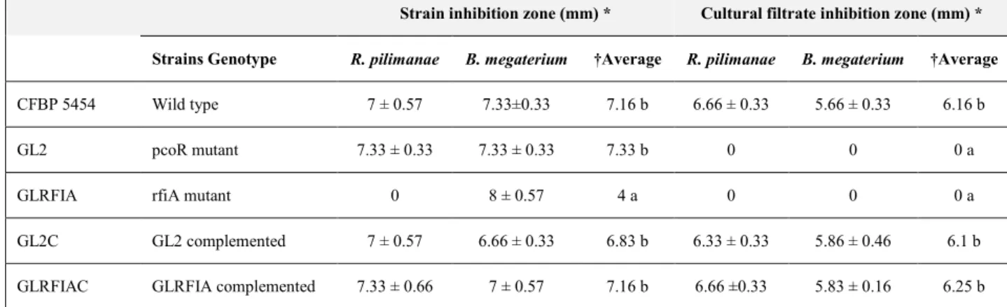 Table 10. Antimicrobial activity of Pseudomonas strains and their culture filtrates on potato dextrose agar medium  (PDA) against CLP bioindicator strains Rhodotorula pilimanae ATCC26423 and Bacillus megaterium ITM100 