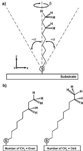 Figure  3. Representation of simple chain-model for alkanethiolates  SAM on gold surface (from Chemical Reviews, 2005, Vol