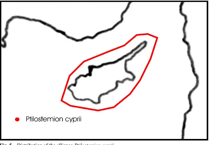 Fig. 5 – Distribution of the alliance Ptilostemion cyprii.  40. Galio cani-Dianthetum cyprii ass