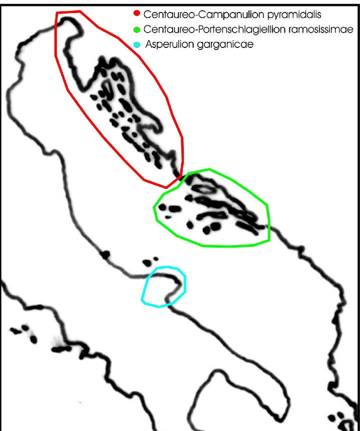 Fig. 3 – Distribution of the alliances recognized in the order Centaureo dalmaticae-Campanuletalia 