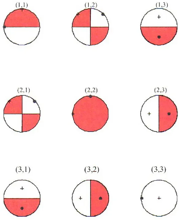 Fig 1.3: Meccanismi focali associati, con quadrante distensivo colorato (da Aki e  Richards, 1980)