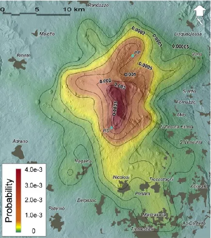 Figure 8 – Susceptibility map at Etna. The highest probability of new vent 