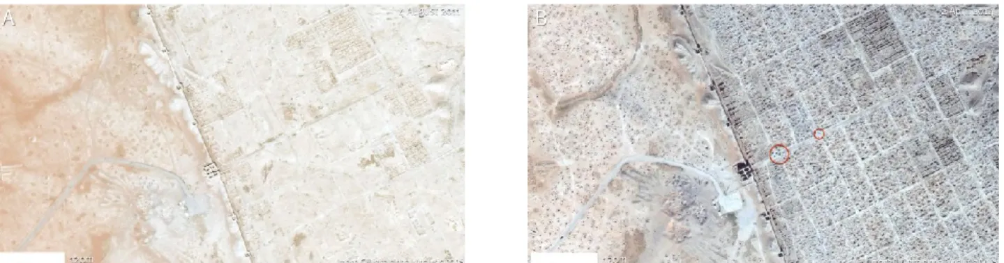 Figura 1. Confronto tra prima e dopo: nel giro di pochissimi anni (2011-2014) la città di Dura Europos è stata scavata  clandestinamente nella quasi totalità del suo territorio (immagini Digital Globe, US Department of State)