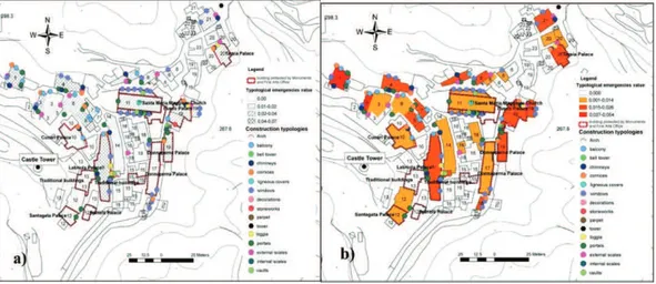 Figura 3.2 – Lazzari M. et al. – Mappe con sovrapposizione (a) delle emergenze tipologiche ,  (b)  della  qualità  tipologica;  evidenziando  al  contempo  gli  edifici  protetti  dal  MFAO