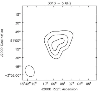 Figure 2.10: radio contour image of the bubble 3313 from our data at 5 GHz. Contours are 0.6, 1.0 and 1.4 mJy/beam.