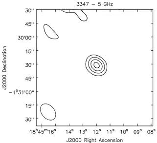 Figure 2.12: radio contour image of the bubble 3347 from our data at 5 GHz. Contours are 0.3, 0.6, 0.9 and 1.2 mJy/beam.