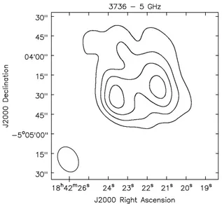 Figure 2.14: radio contour image of the bubble 3736 from our data at 5 GHz. Contours are 0.6, 1.2, 1.8 and 2.4 mJy/beam.