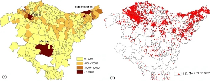 Figura 11 : Popolazione nei municipi dei Paesi Baschi nel 2001. Numero abitanti(a) e densità di  popolazione(b) nei vari municipi (fonte: Instituto Nacional de Estadística